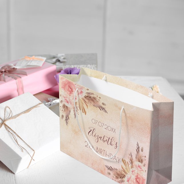 Grand Sac Cadeau Anniversaire pampas herbe rose or rose floral (Créateur téléchargé)