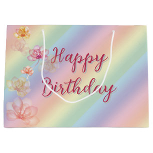 Grand Sac Cadeau Anniversaire Pastel Arc En Ciel Avec Fleurs