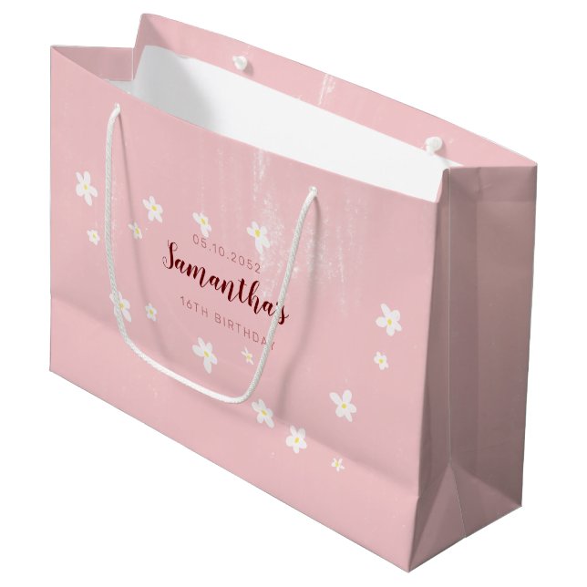 Grand Sac Cadeau Anniversaire Rose Marguerites Girly Sweet Script s (Devant Angle)