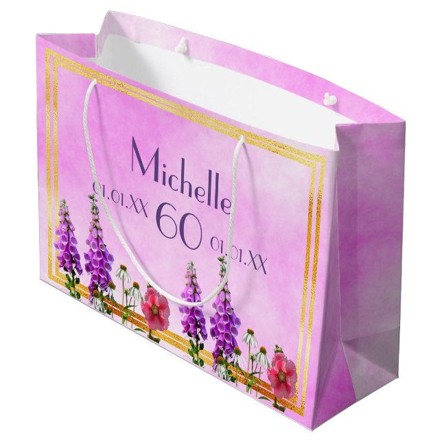 Grand Sac Cadeau Anniversaire rose violet nom fleur sauvage (Dos Angle)