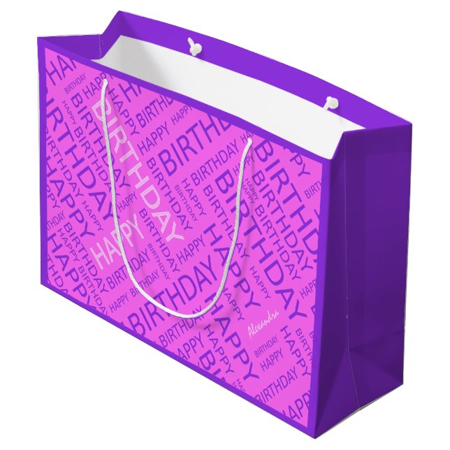 Grand Sac Cadeau Anniversaire rose violet typographie personnalisée (Dos Angle)