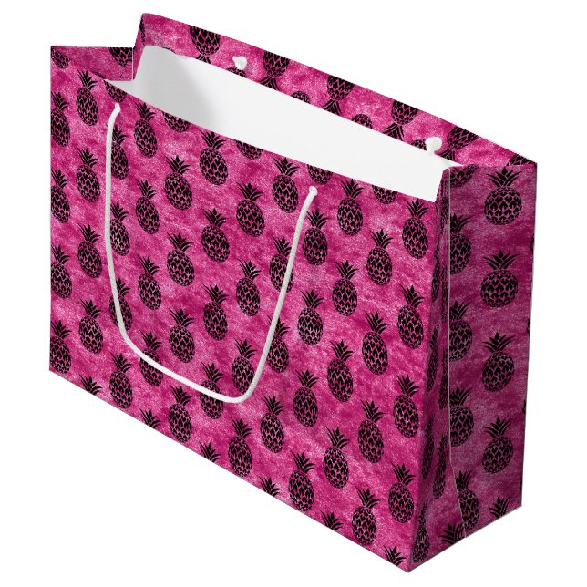 Grand Sac Cadeau Anniversaire tropical rose et noir ananas (Devant Angle)