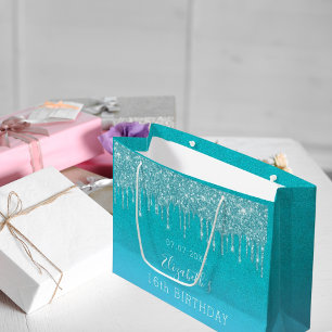 Grand Sac Cadeau Anniversaire turquoise bleu parties scintillant go