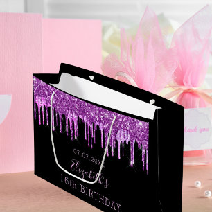 Grand Sac Cadeau Anniversaire violet parties scintillant rose goutt