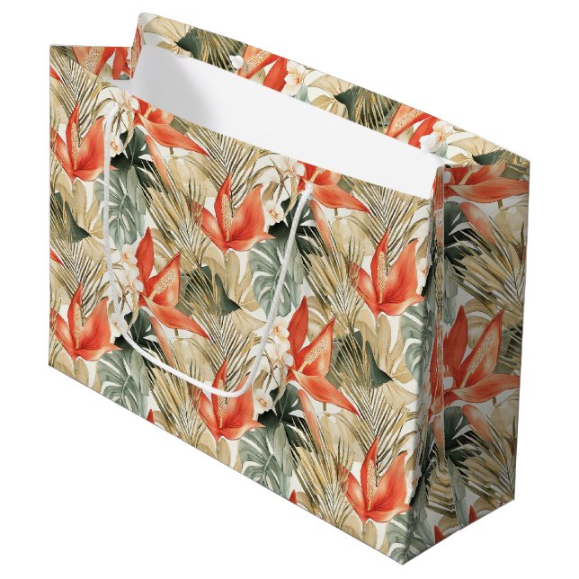 Grand Sac Cadeau Anthurium Floral Tropical Orange Fête de Mariage (Devant Angle)