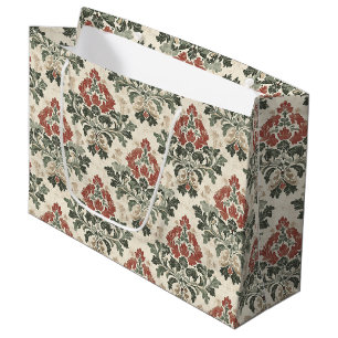 Grand Sac Cadeau Antique Damassé Rouge Vert Beige