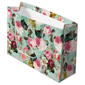 Grand Sac Cadeau Antique Nostalgale Redouté Rose menthe Motif