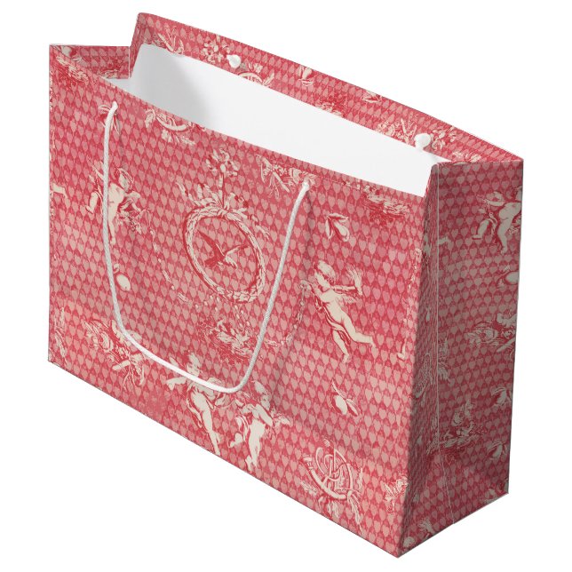 Grand Sac Cadeau Antique rose rouge Anges et Coeurs cupides (Devant Angle)