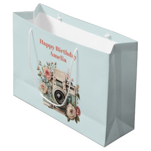Grand Sac Cadeau Appareil photo avec fleurs Image Rétro Pastel Anni