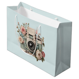 Grand Sac Cadeau Appareil photo avec image rétro pastel de fleurs