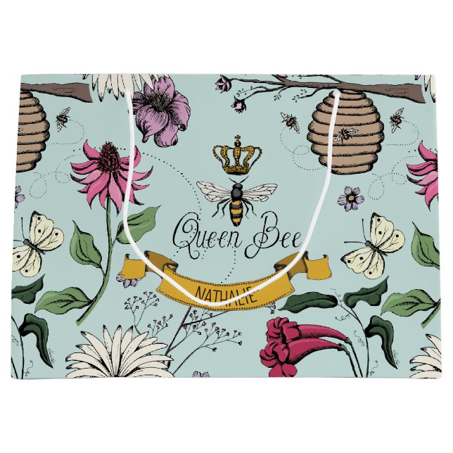 Grand Sac Cadeau Aqua, Black and Gold Queen Bee, Couronne royale (Devant)