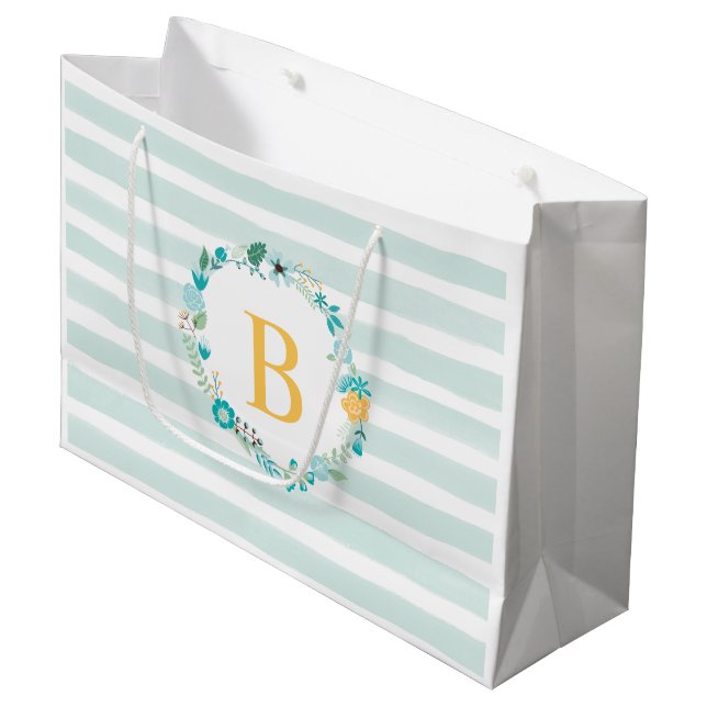 Grand Sac Cadeau Aqua et Yellow Monogramme Floral Wreath (Devant Angle)