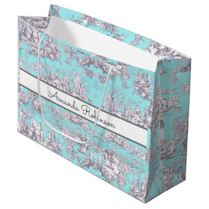 Grand Sac Cadeau Aqua vintage fleuri bleu toile de jouy monogramme
