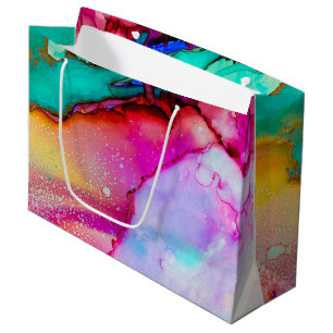 Grand Sac Cadeau Aquarelle abstraite turquoise et rose