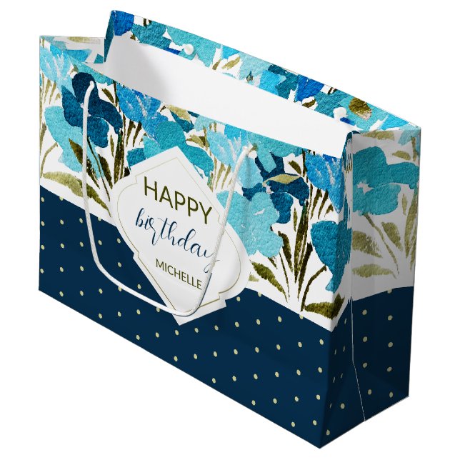 Grand Sac Cadeau Aquarelle bleu Floral Boho peint à la main (Devant Angle)