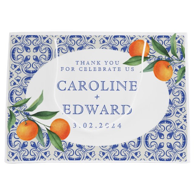 Grand Sac Cadeau Aquarelle bleu Mariage méditerranéen (Devant)