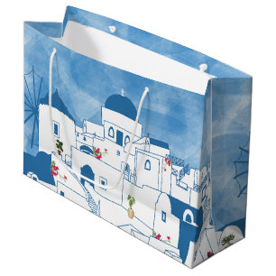 Grand Sac Cadeau Aquarelle bleue et blanche Santorin Grèce