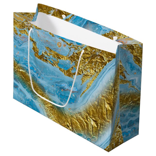 Grand Sac Cadeau Aquarelle bleue Marbre et or Foil (Devant Angle)
