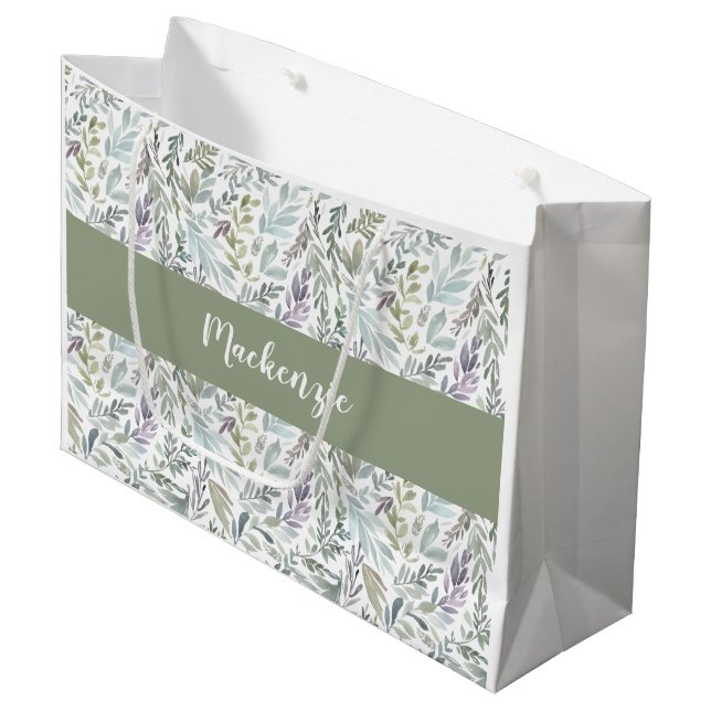 Grand Sac Cadeau Aquarelle botanique bleu vert (Devant Angle)