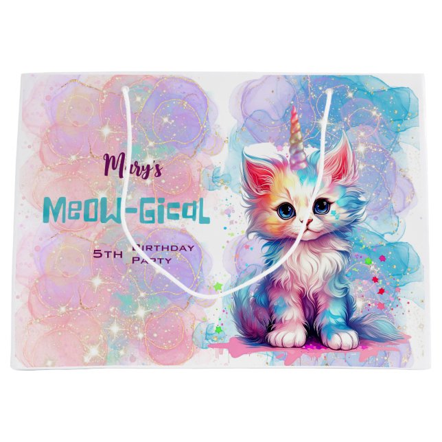 Grand Sac Cadeau Aquarelle Caticorn Meow-Gical Anniversaire (Devant)