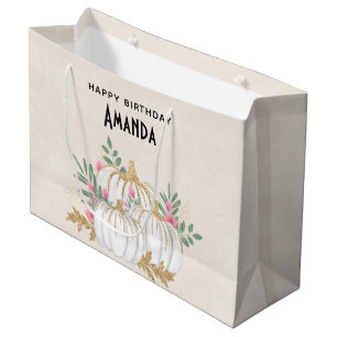 Grand Sac Cadeau Aquarelle Citrouille blanche et or Anniversaire
