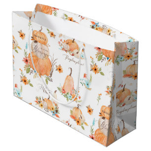 Grand Sac Cadeau Aquarelle citrouille Fleurs d'automne dans Feuille