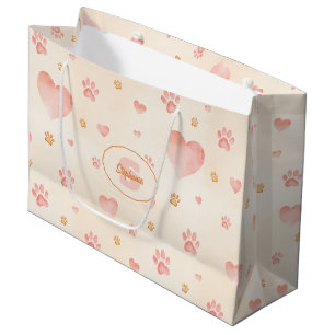 Grand Sac Cadeau Aquarelle Coeurs et Empreintes de pattes Motif