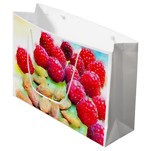 Grand Sac Cadeau Aquarelle de framboises et d'amandes (Devant Angle)