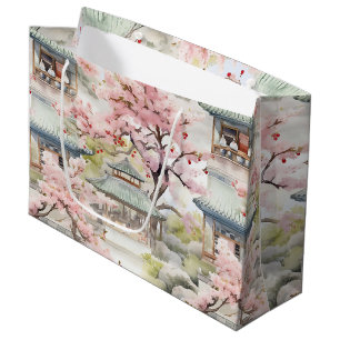 Grand Sac Cadeau Aquarelle de la pagode asiatique au milieu des fle