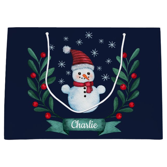 Grand Sac Cadeau Aquarelle de Noël Snowman Custom Navy Blue (Devant)