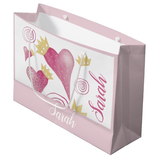 Grand Sac Cadeau Aquarelle dorée Broussaillée du coeur de la couron (Devant Angle)