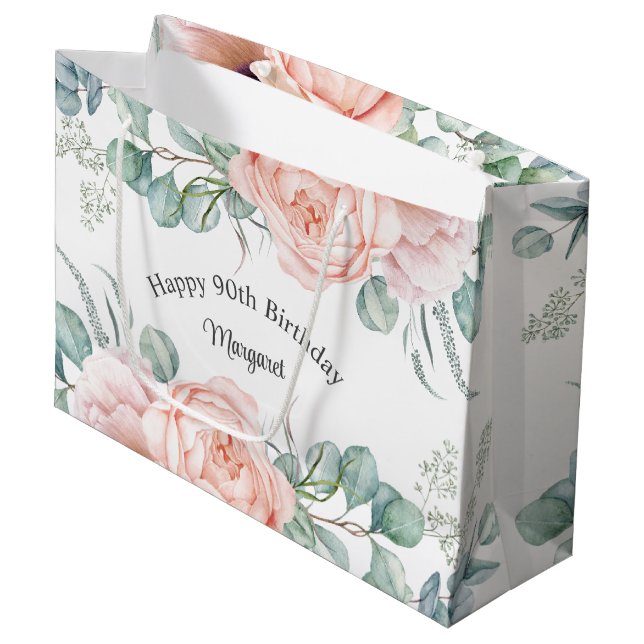 Grand Sac Cadeau Aquarelle douce Pastel Floral 90e anniversaire (Devant Angle)