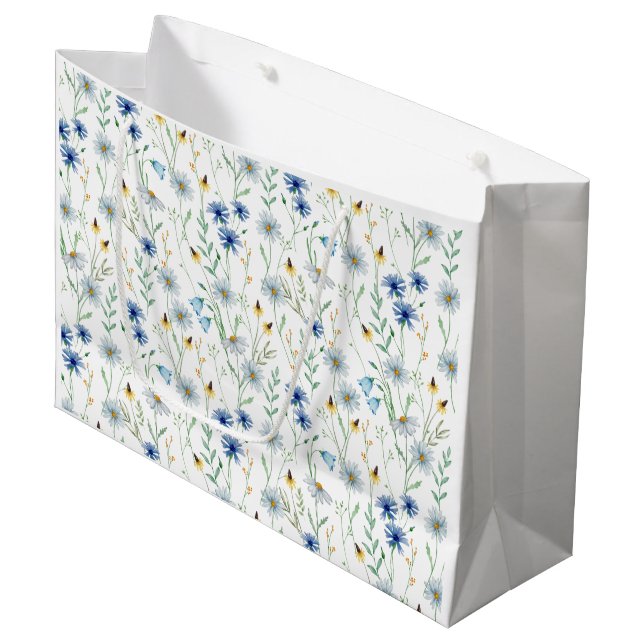 Grand Sac Cadeau Aquarelle Fleur sauvage bleu (Devant Angle)