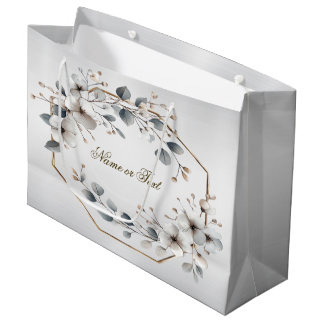 Grand Sac Cadeau Aquarelle Fleurs blanches Cadre doré Argent Turquo