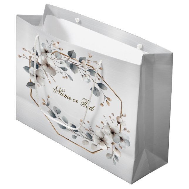 Grand Sac Cadeau Aquarelle Fleurs blanches Cadre doré Argent Turquo (Devant Angle)