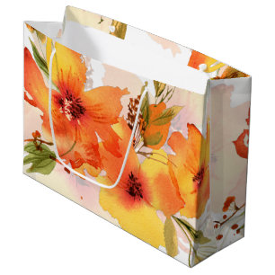 Grand Sac Cadeau Aquarelle florale automnale orange