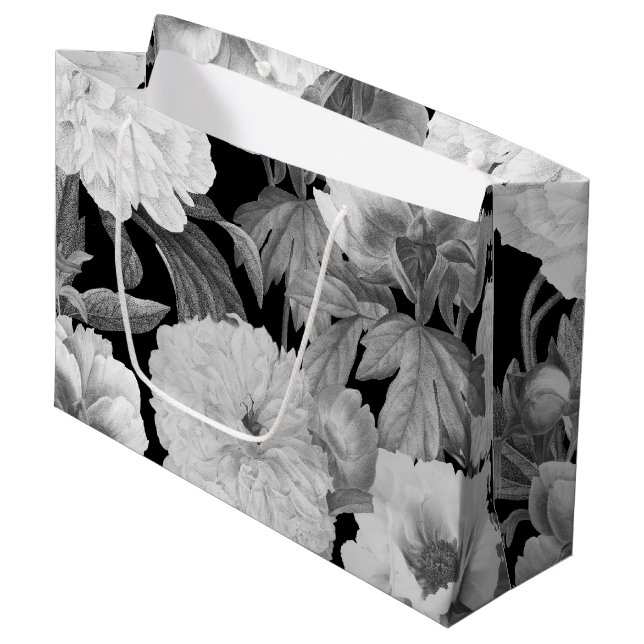 Grand Sac Cadeau Aquarelle florale Black & White Peonies (Devant Angle)