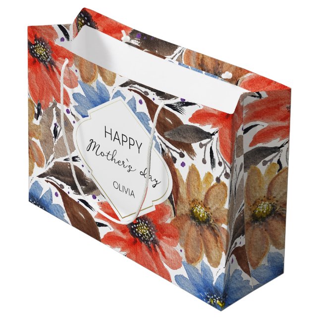 Grand Sac Cadeau Aquarelle Florale Pastel Bleu Orange Monogramme (Devant Angle)