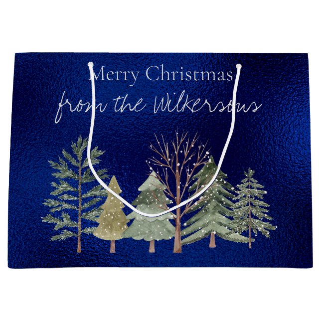 Grand Sac Cadeau Aquarelle Forêt d'hiver à la nuit Arbres simples (Devant)