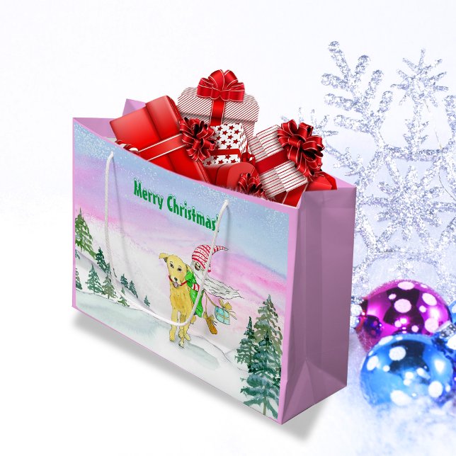 Grand Sac Cadeau Aquarelle Funny Labrador Et Noël Gnome (Créateur téléchargé)