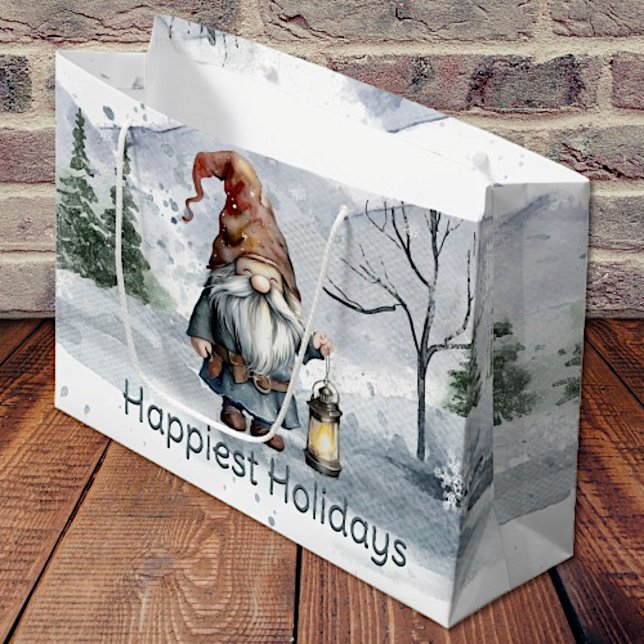 Grand Sac Cadeau Aquarelle hiver Gnome de Noël (Watercolor Winter Christmas Gnome Gift Bag)