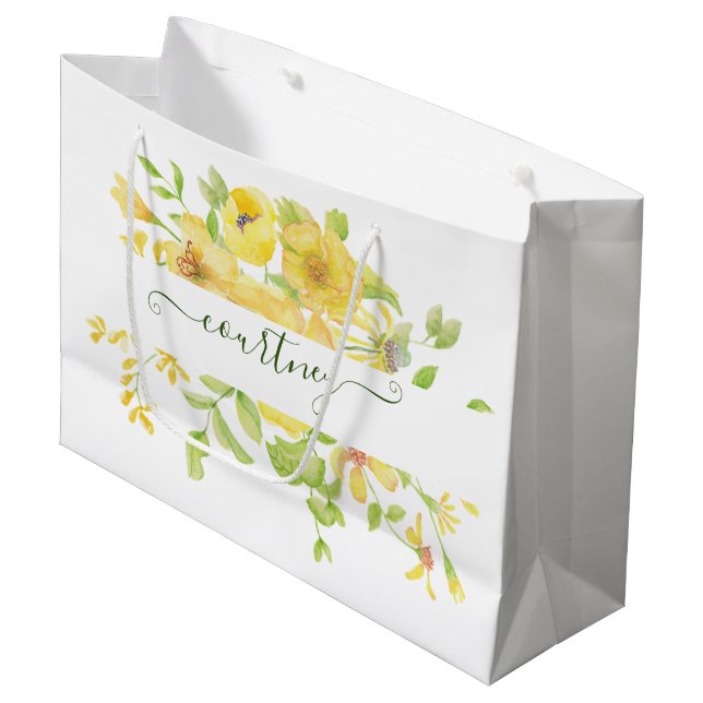 Grand Sac Cadeau Aquarelle jaune floral personnalisé (Devant Angle)