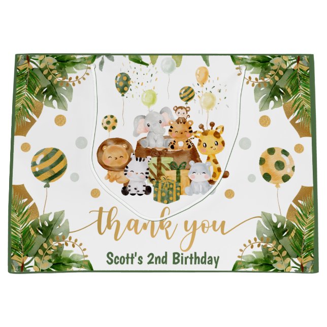 Grand Sac Cadeau Aquarelle Jungle Safari Animaux Anniversaire (Devant)