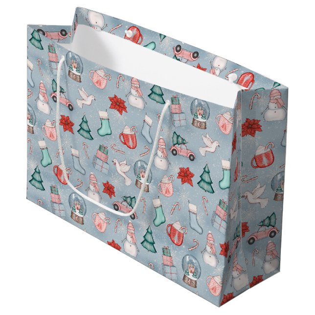Grand Sac Cadeau Aquarelle mignonne bleue Whimsical Noël (Devant Angle)