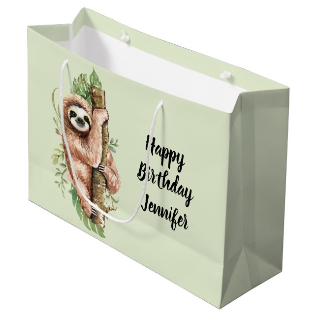 Grand Sac Cadeau Aquarelle mignonne Sloth & Feuilles tropicaux Anni (Devant Angle)