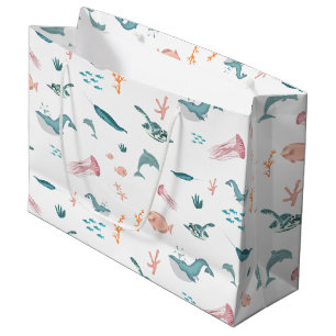Grand Sac Cadeau Aquarelle Océan Motif d'animaux marins