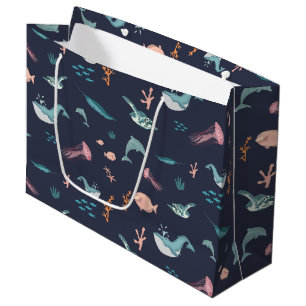 Grand Sac Cadeau Aquarelle Océan Sea Animaux Motif bleu