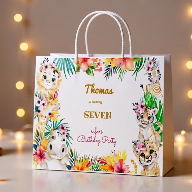 Grand Sac Cadeau Aquarelle or anniversaire de enfant safari sauvage (Créateur téléchargé)