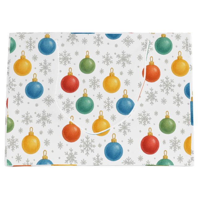 Grand Sac Cadeau Aquarelle - Ornements de Noël et flocons de neige  (Devant)