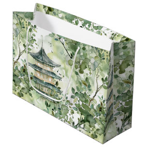 Grand Sac Cadeau Aquarelle Pagode asiatique dans paysage verdoyant